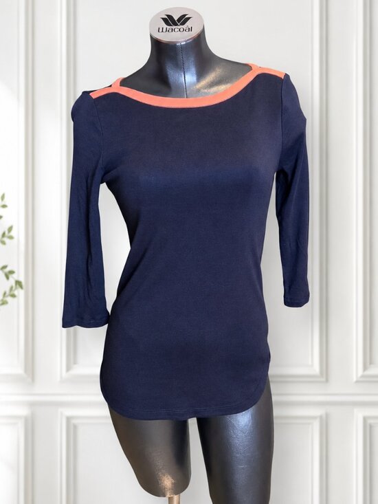 GAP Tops - Gap The Bowery Super Soft Boatneck Top Size S Navy Blue Coral Trim NWT